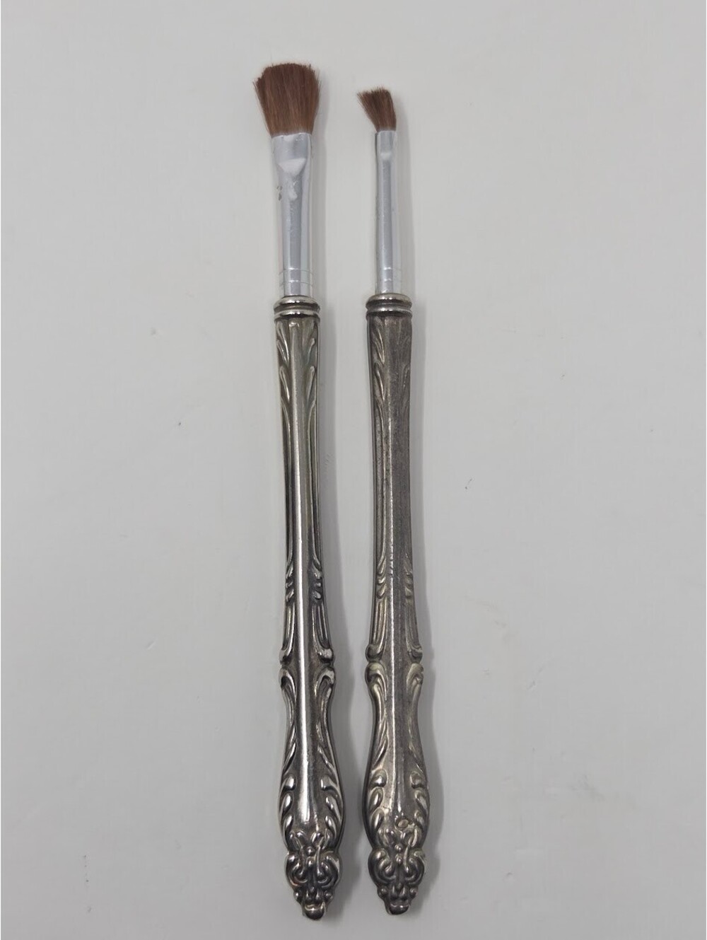 Vintage Silver Tone Handle Vanity Brush Set Ornate Design Pair